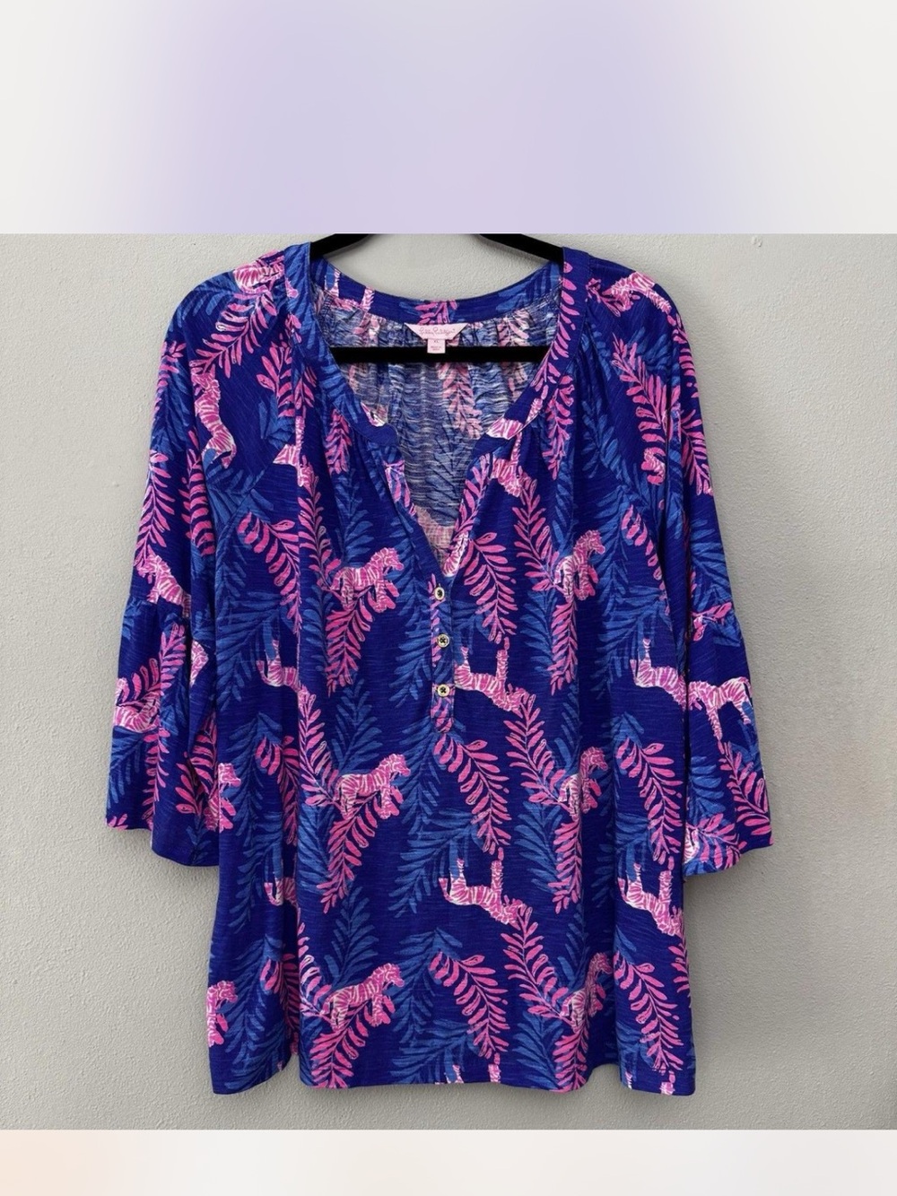 Lilly Pulitzer Blue & Pink Tiger-Leaf Henley Tunic